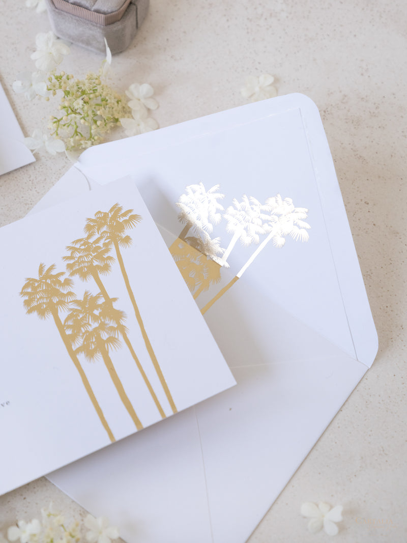 Foto personalizada para guardar la fecha con diseño de palmera y lámina dorada | Comisión personalizada A&amp;H