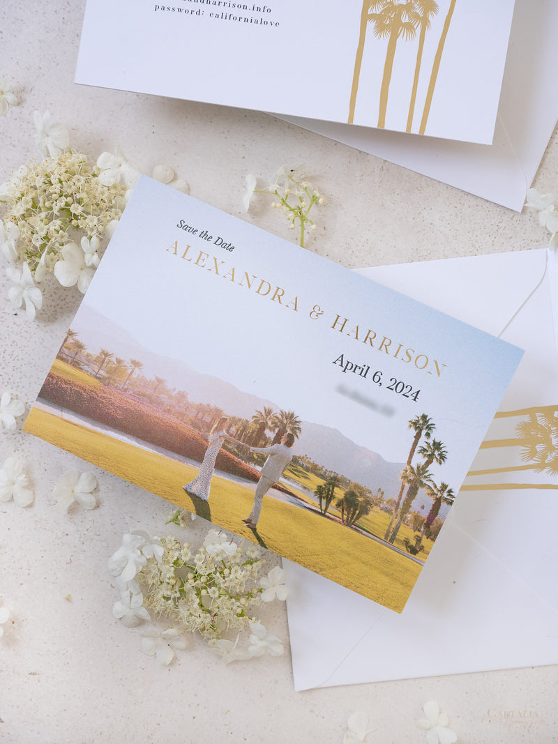 Foto personalizada para guardar la fecha con diseño de palmera y lámina dorada | Comisión personalizada A&amp;H