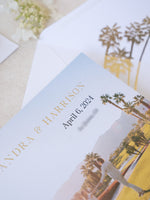Foto personalizada para guardar la fecha con diseño de palmera y lámina dorada | Comisión personalizada A&amp;H