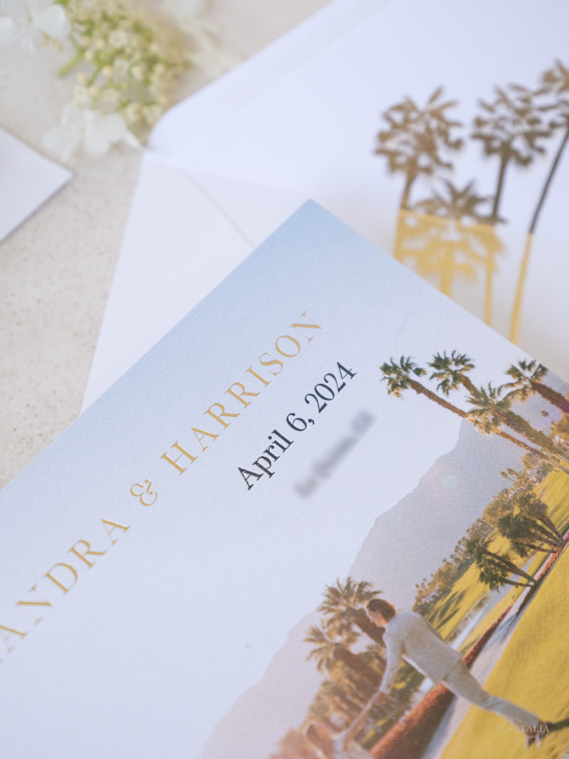 Foto personalizada para guardar la fecha con diseño de palmera y lámina dorada | Comisión personalizada A&amp;H
