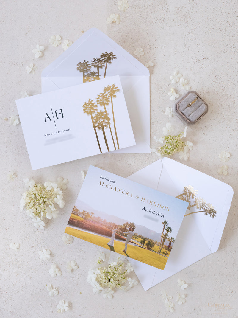 Foto personalizada para guardar la fecha con diseño de palmera y lámina dorada | Comisión personalizada A&amp;H