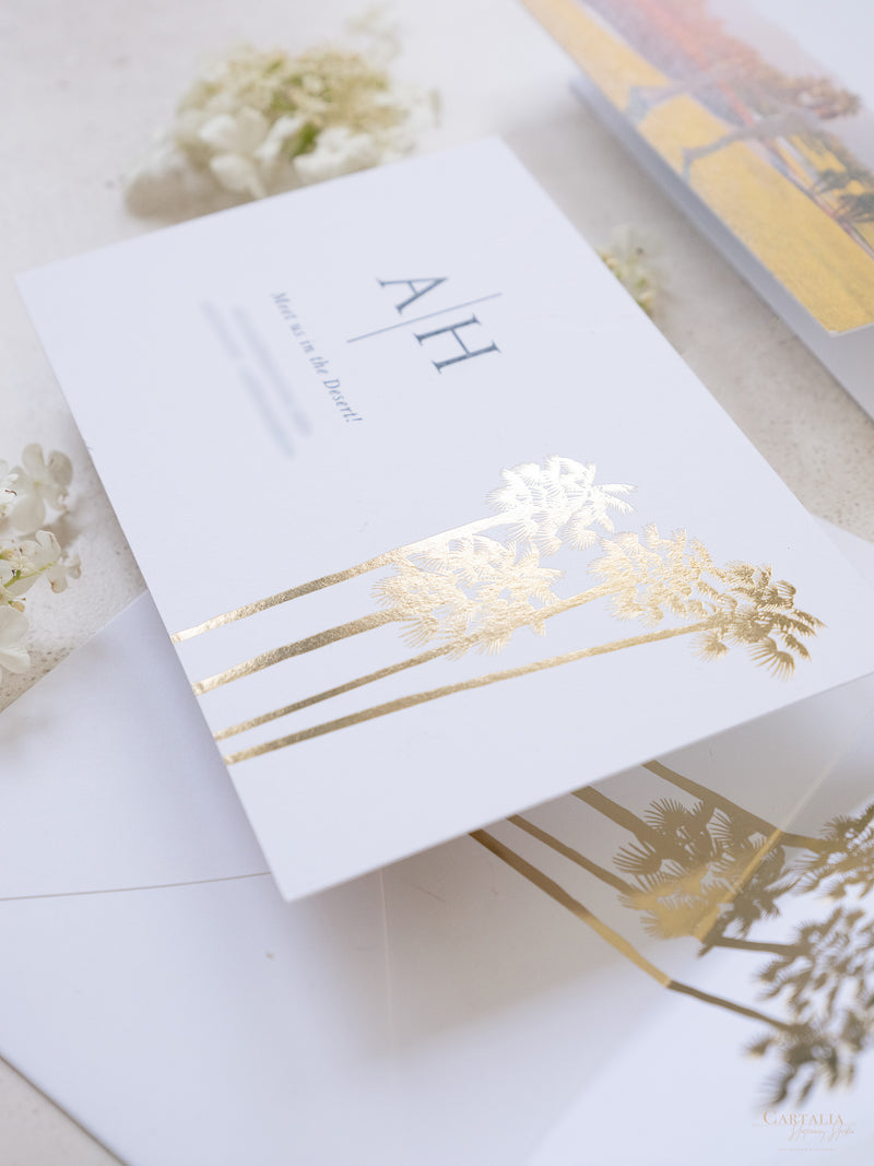 Foto personalizada para guardar la fecha con diseño de palmera y lámina dorada | Comisión personalizada A&amp;H