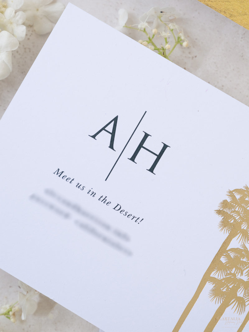 Foto personalizada para guardar la fecha con diseño de palmera y lámina dorada | Comisión personalizada A&amp;H