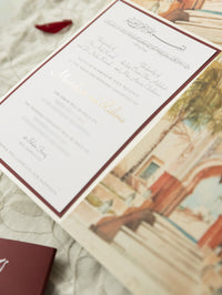 Moroccan Trifold Wedding Invitation in Burgundy & Champagne | Palais Faraj | Bespoke Commission M&R