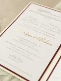 Moroccan Trifold Wedding Invitation in Burgundy & Champagne | Palais Faraj | Bespoke Commission M&R