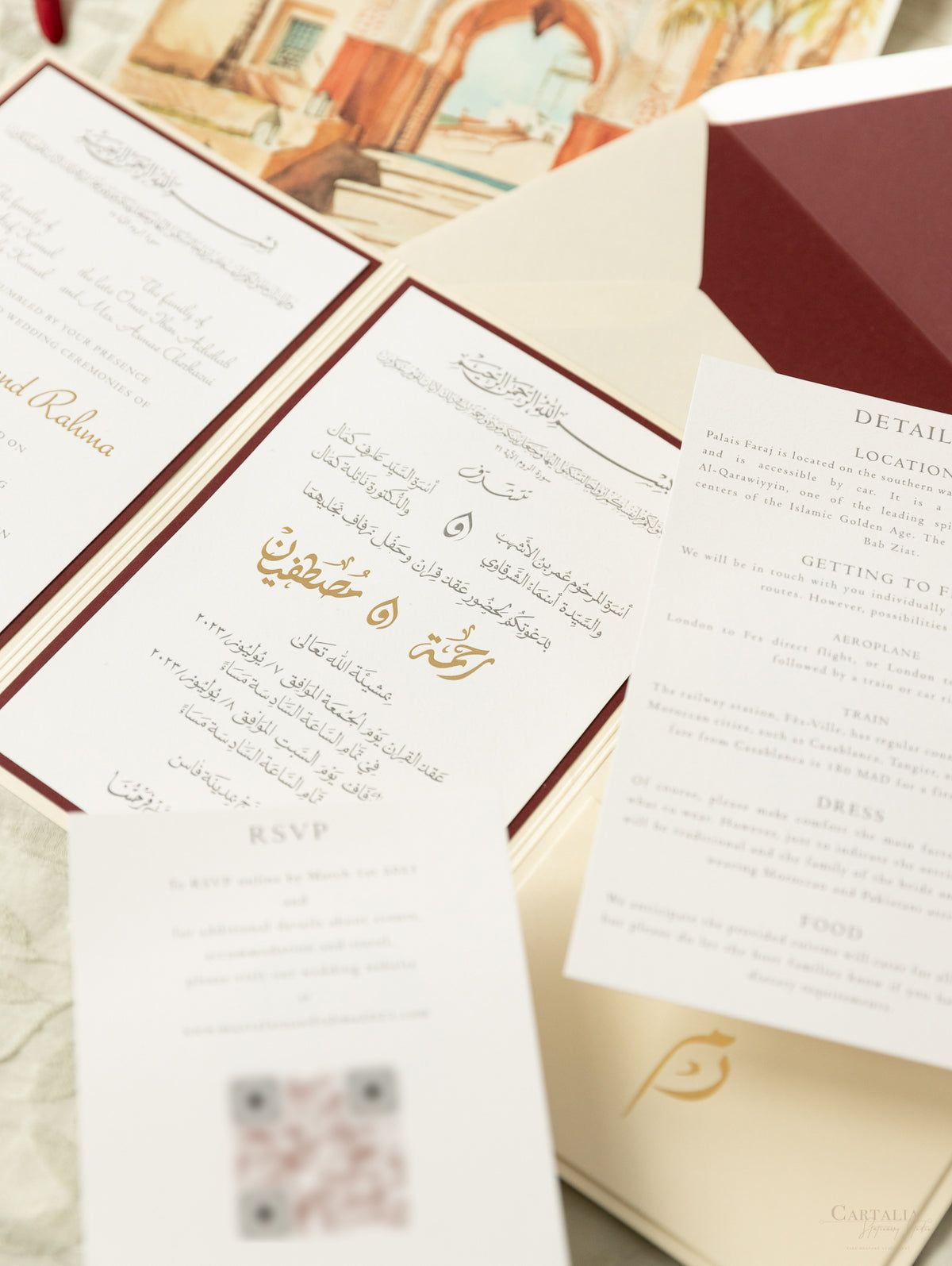 Invitación de boda triple marroquí en burdeos y champán | Palacio Faraj | M&amp;R de comisión a medida