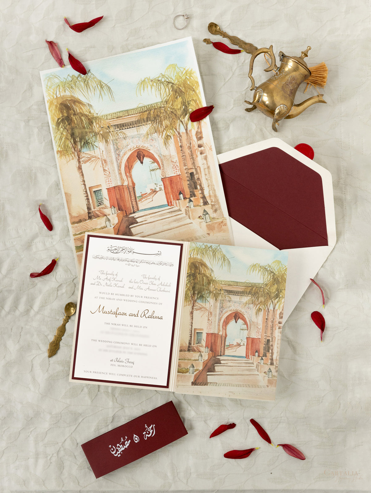 Moroccan Trifold Wedding Invitation in Burgundy & Champagne | Palais Faraj | Bespoke Commission M&R