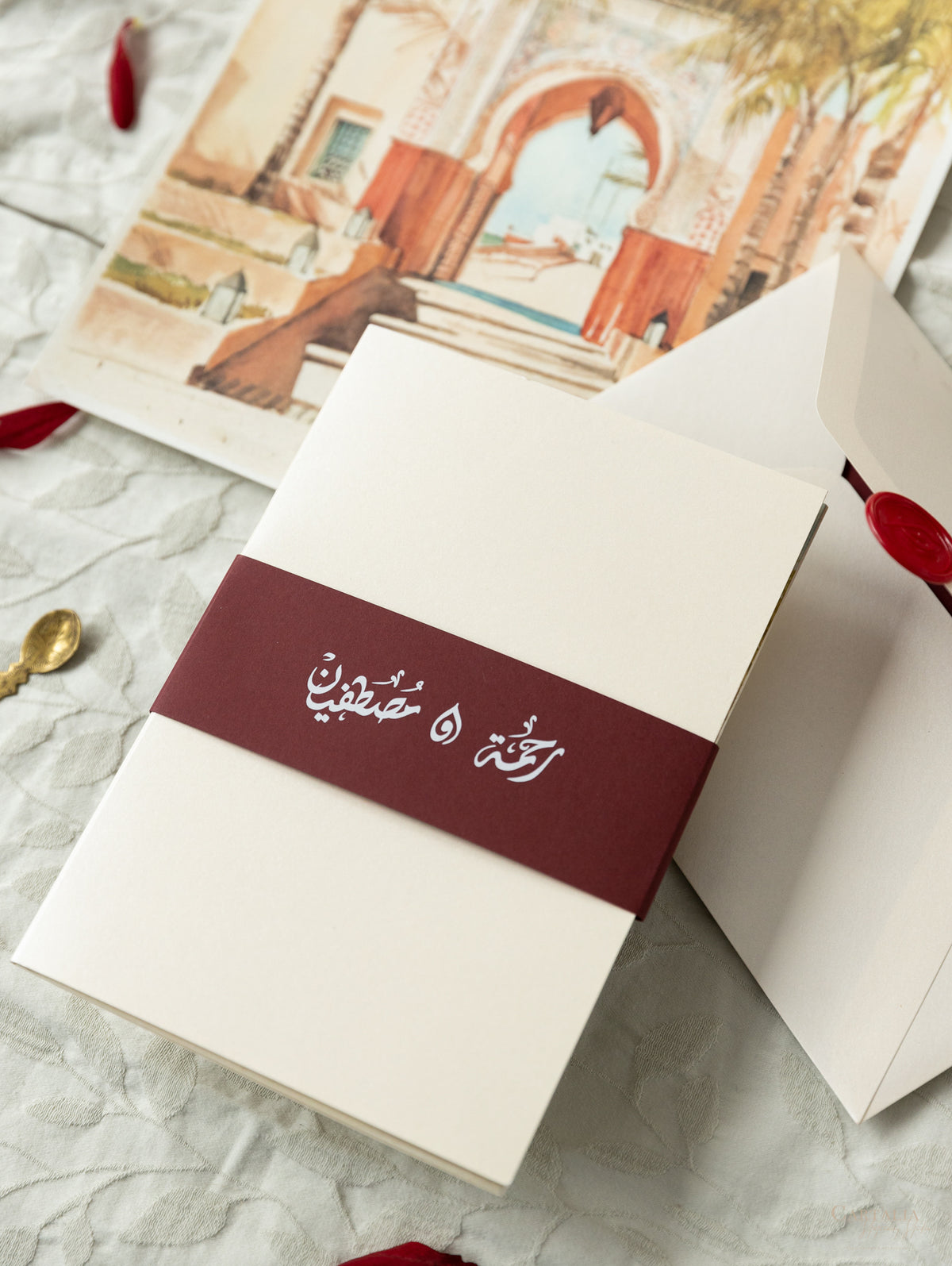 Moroccan Trifold Wedding Invitation in Burgundy & Champagne | Palais Faraj | Bespoke Commission M&R