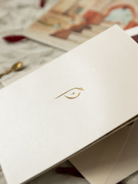 Moroccan Trifold Wedding Invitation in Burgundy & Champagne | Palais Faraj | Bespoke Commission M&R