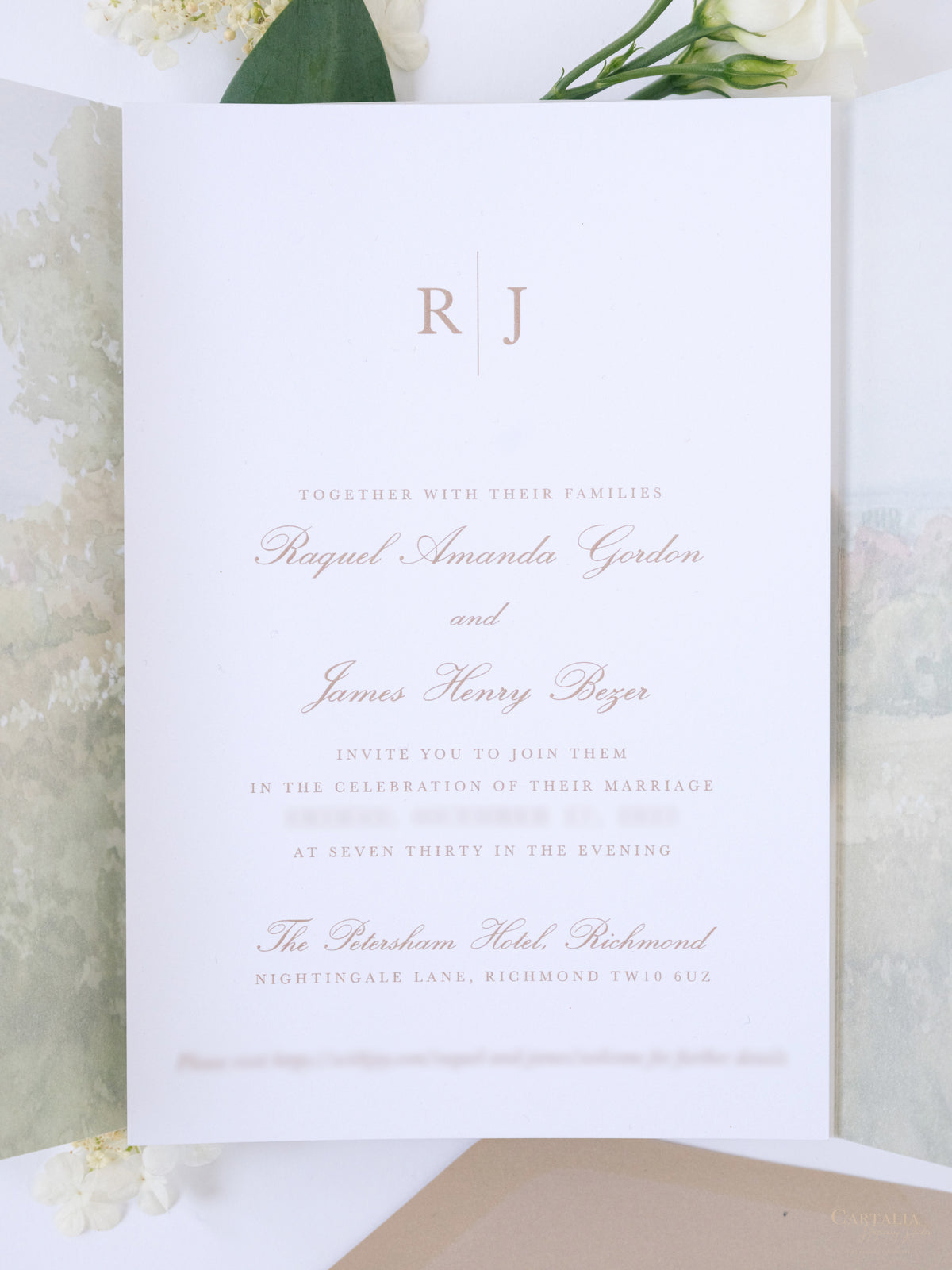Invitación de boda de acuarela de pergamino | Hotel Petersham | Comisión R&amp;J a medida