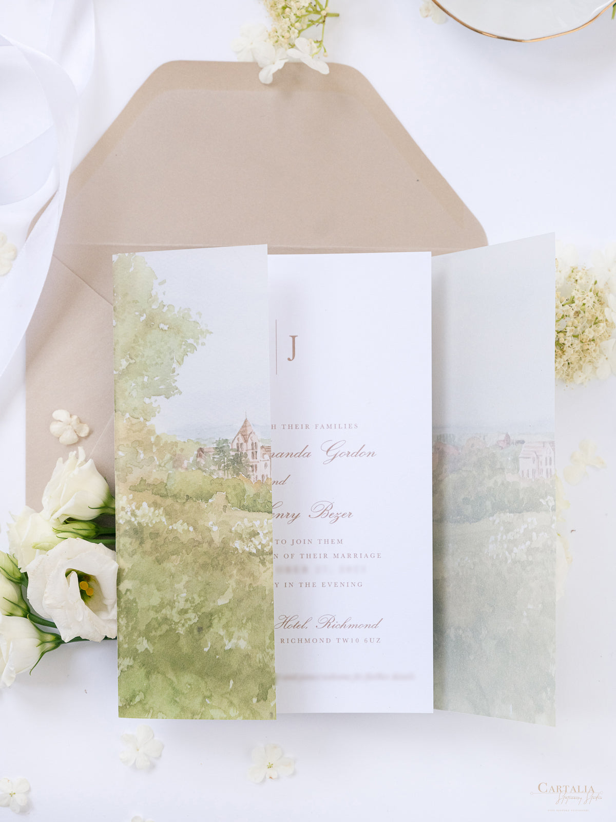 Invitación de boda de acuarela de pergamino | Hotel Petersham | Comisión R&amp;J a medida