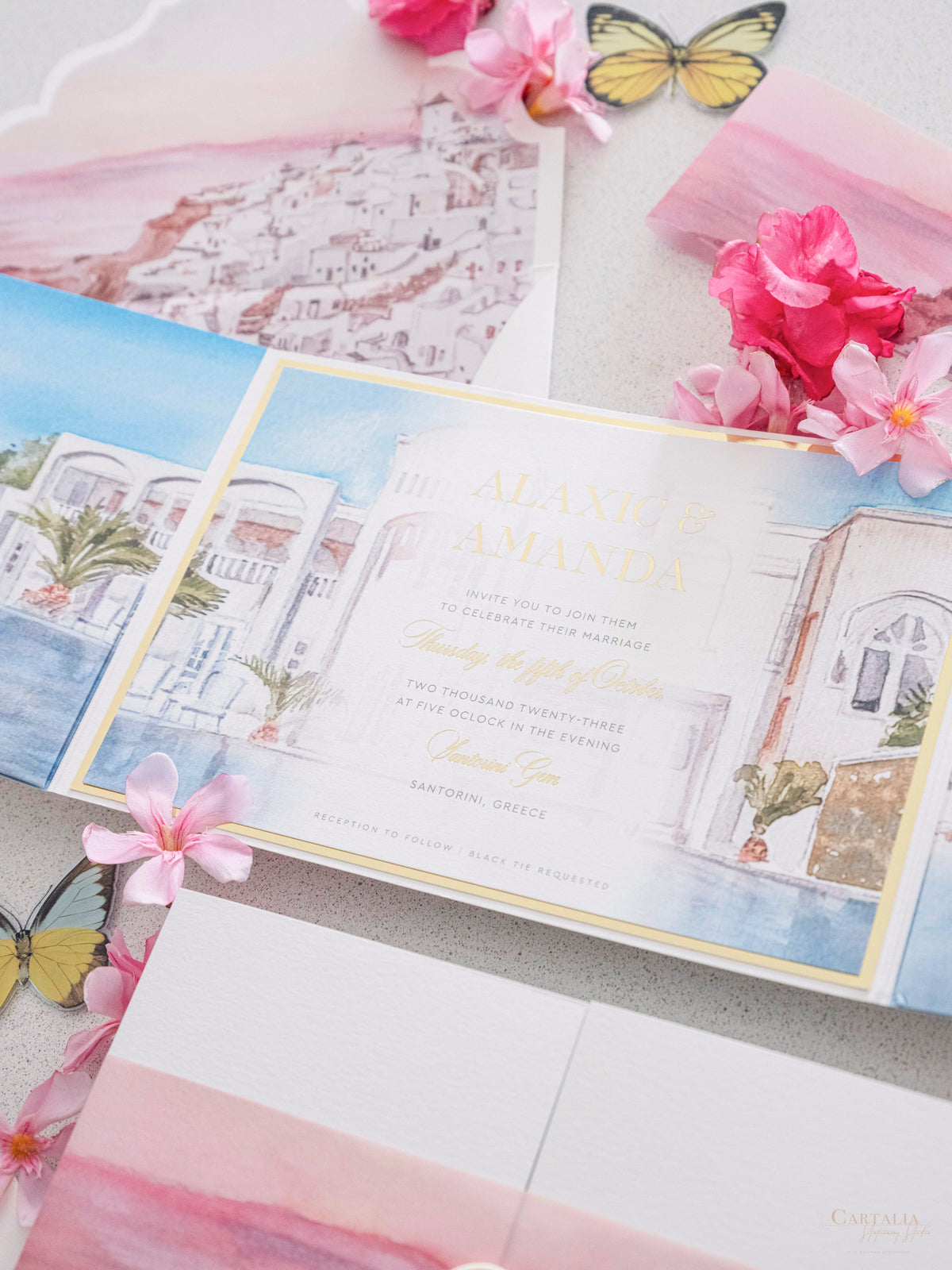 Acuarela Santorini, suite de invitación de boda de Grecia | Comisión personalizada A&amp;A