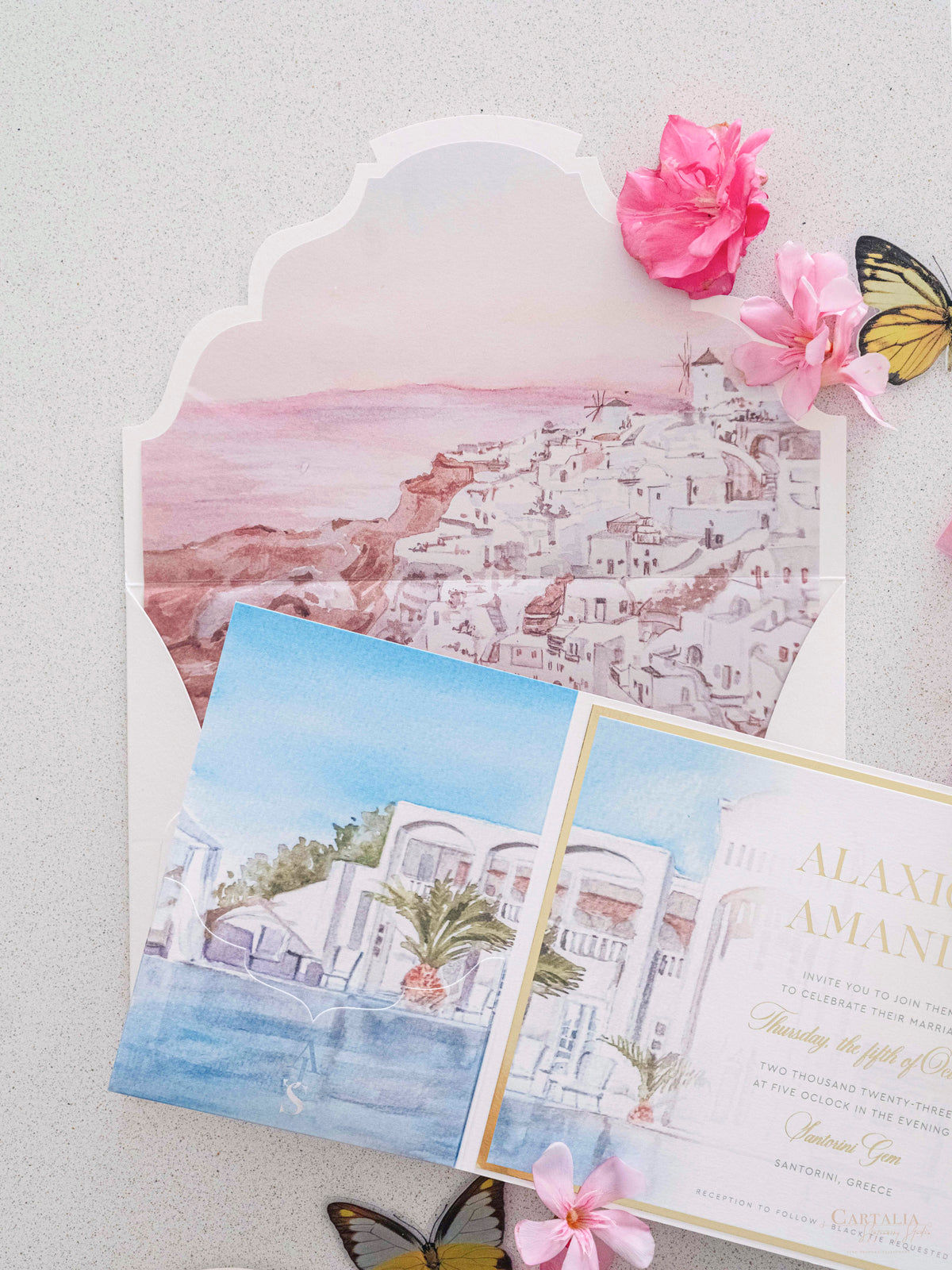 Watercolour Santorini, Greece Wedding Invitation Suite | Bespoke Commission A&A