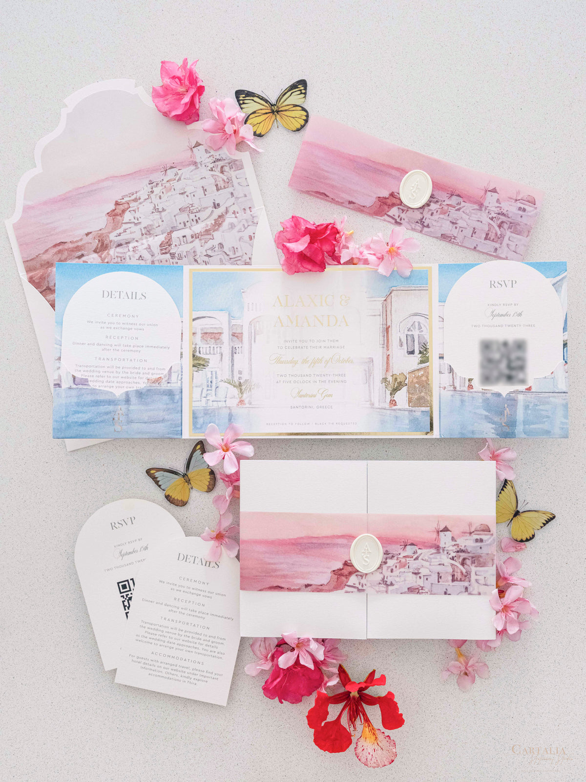 Watercolour Santorini, Greece Wedding Invitation Suite | Bespoke Commission A&A