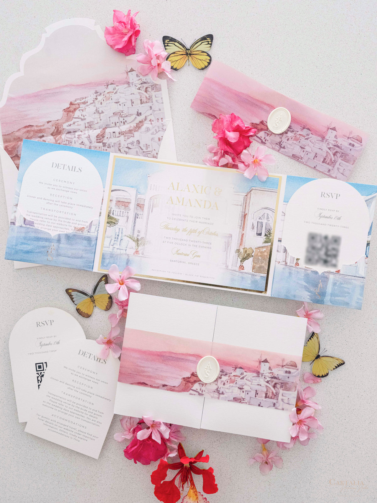 Acuarela Santorini, suite de invitación de boda de Grecia | Comisión personalizada A&amp;A