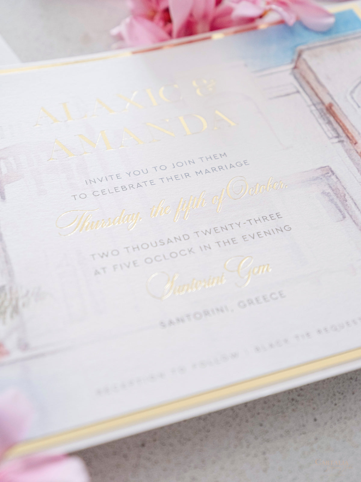 Watercolour Santorini, Greece Wedding Invitation Suite | Bespoke Commission A&A