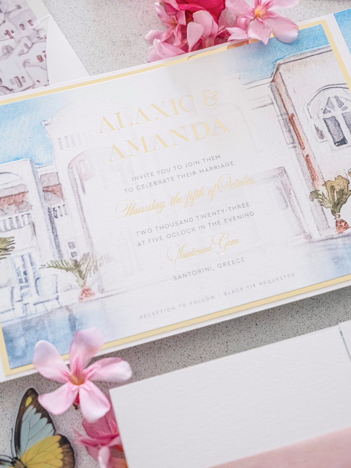 Acuarela Santorini, suite de invitación de boda de Grecia | Comisión personalizada A&amp;A