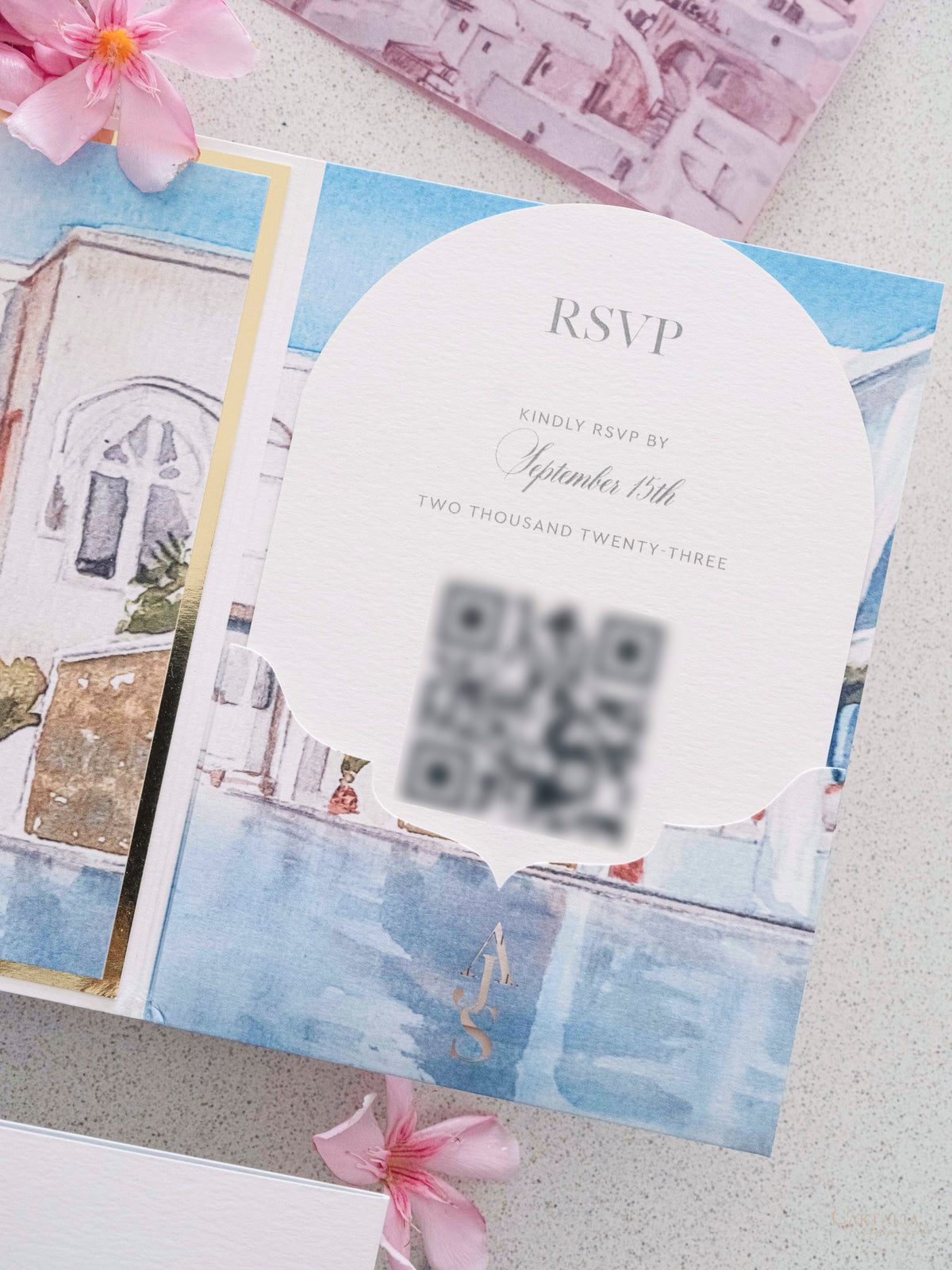 Acuarela Santorini, suite de invitación de boda de Grecia | Comisión personalizada A&amp;A