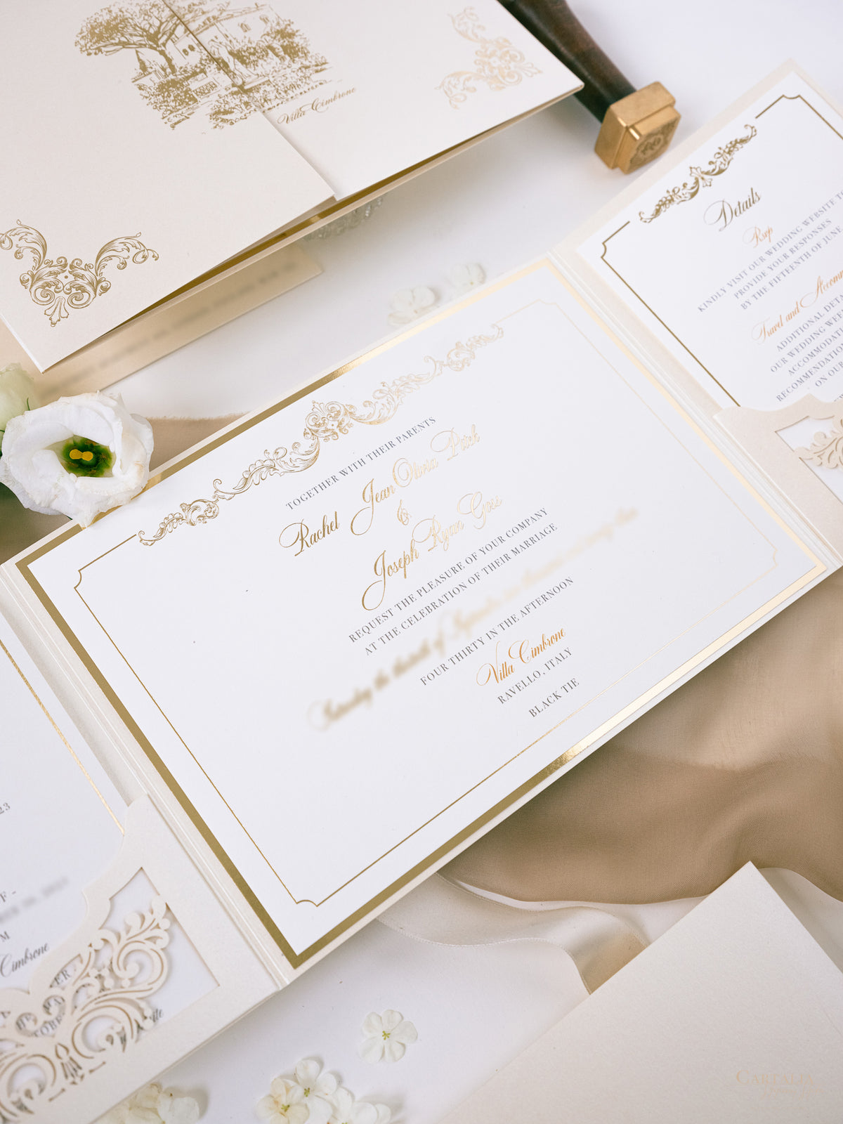 Luxury Pocket Invitation with Gold Foil | Villa Cimbrone | Bespoke Commission R&J