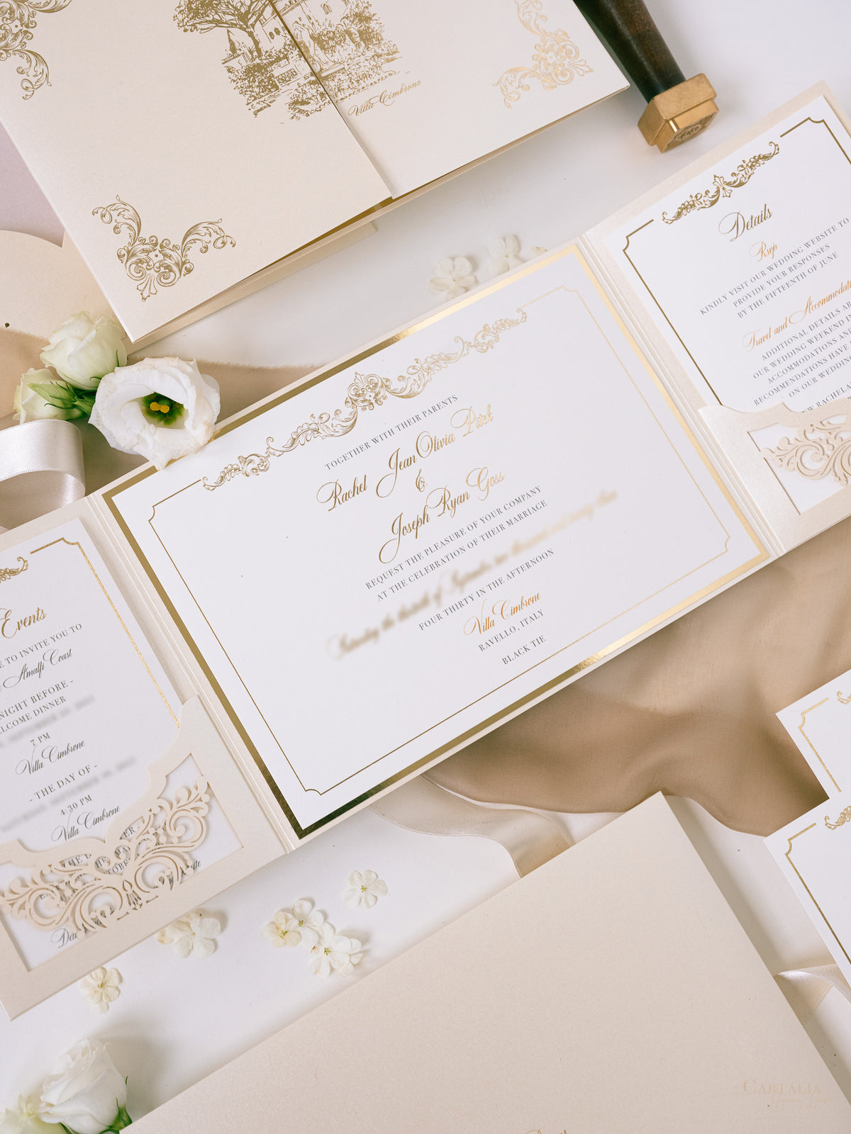 Luxury Pocket Invitation with Gold Foil | Villa Cimbrone | Bespoke Commission R&J