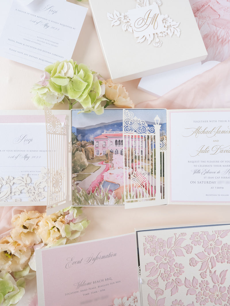 Bespoke Couture 3D Box Invitation With Laser Cut Gate | Venue of Villa Ephrussi | Bespoke Commission M&J