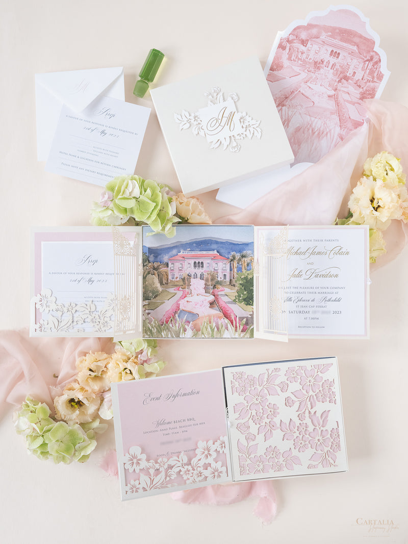 Bespoke Couture 3D Box Invitation With Laser Cut Gate | Venue of Villa Ephrussi | Bespoke Commission M&J