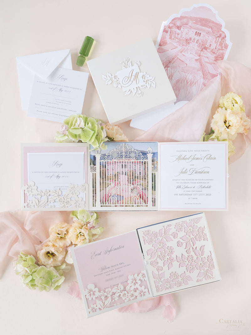 Bespoke Couture 3D Box Invitation With Laser Cut Gate | Venue of Villa Ephrussi | Bespoke Commission M&J