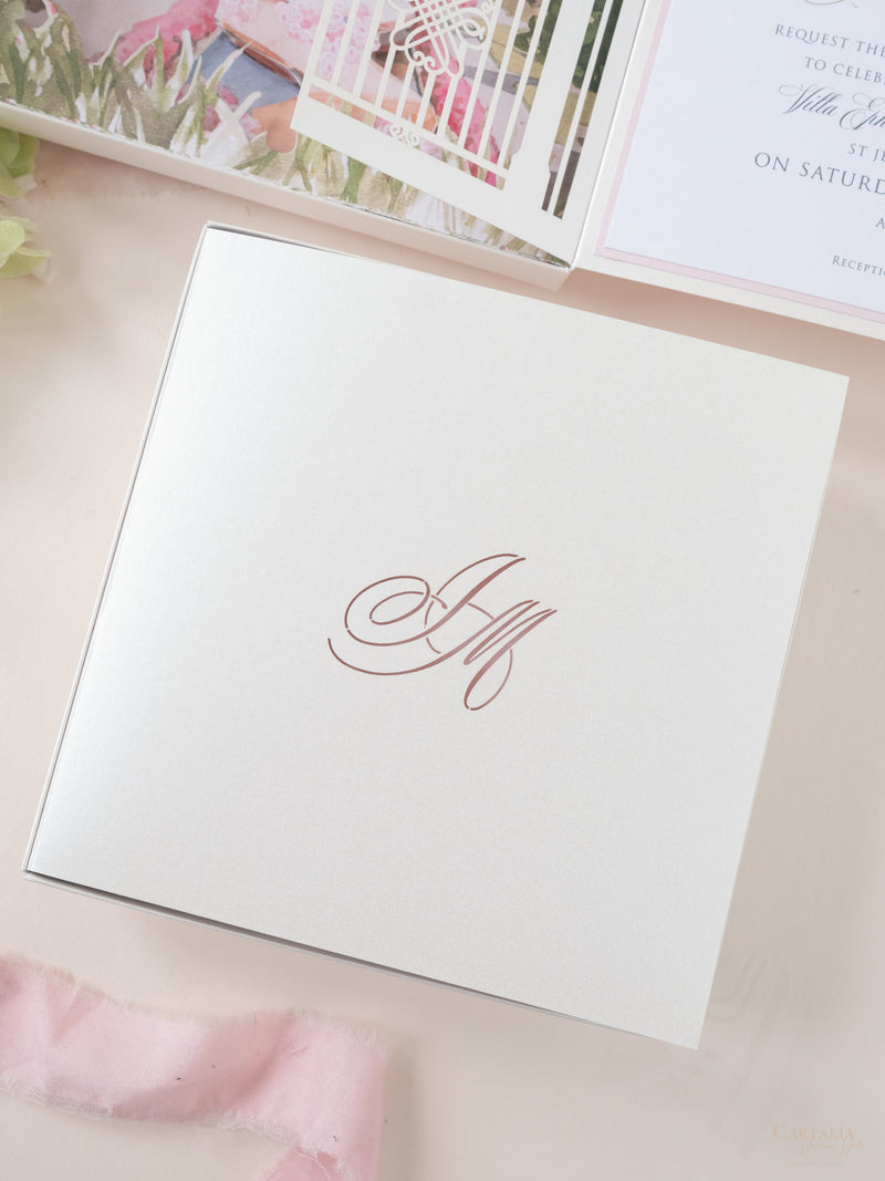 Bespoke Couture 3D Box Invitation With Laser Cut Gate | Venue of Villa Ephrussi | Bespoke Commission M&J