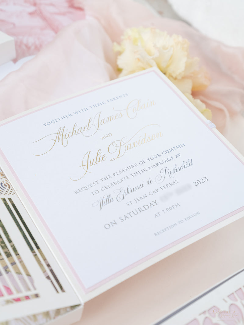 Bespoke Couture 3D Box Invitation With Laser Cut Gate | Venue of Villa Ephrussi | Bespoke Commission M&J
