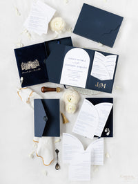 Luxury Velvet Hard Back Book & Box Pocket Invitation in Navy with Gold Foil Venue | Bespoke Commission J&M