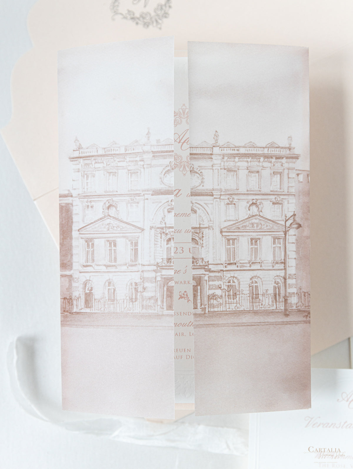 Vellum Wrap Pocket Invitation Suite with Embossing & Custom Wax Seal | Venue Dartmouth House | Bespoke Commission A&O