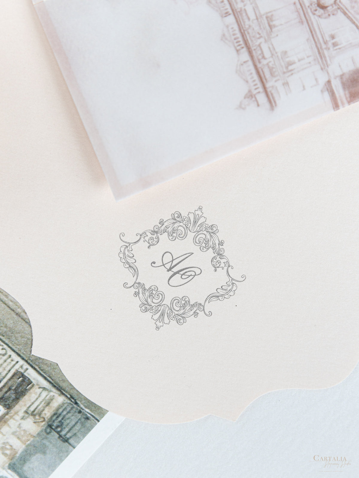 Vellum Wrap Pocket Invitation Suite with Embossing & Custom Wax Seal | Venue Dartmouth House | Bespoke Commission A&O