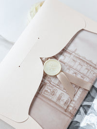 Vellum Wrap Pocket Invitation Suite with Embossing & Custom Wax Seal | Venue Dartmouth House | Bespoke Commission A&O