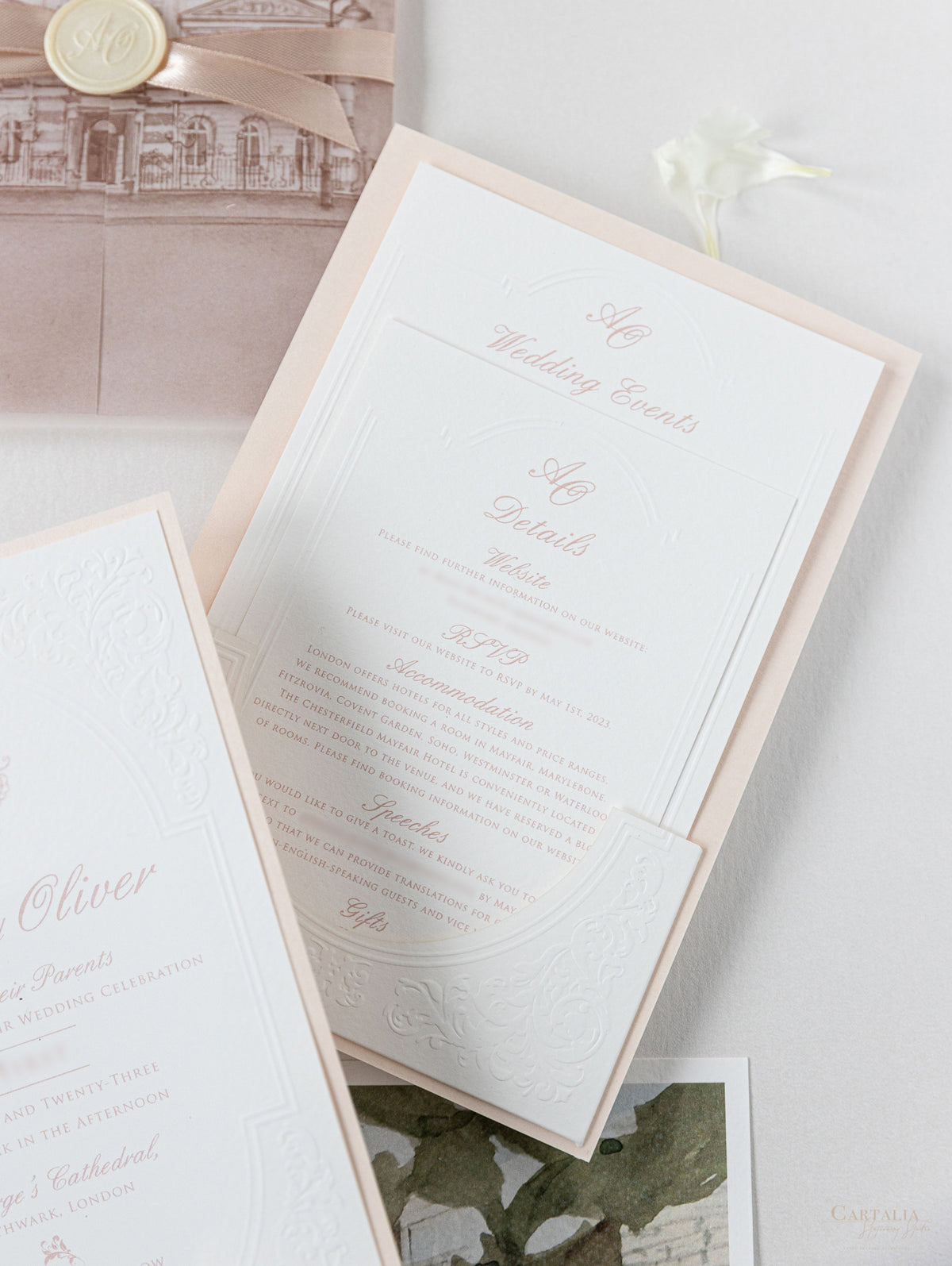 Vellum Wrap Pocket Invitation Suite with Embossing & Custom Wax Seal | Venue Dartmouth House | Bespoke Commission A&O