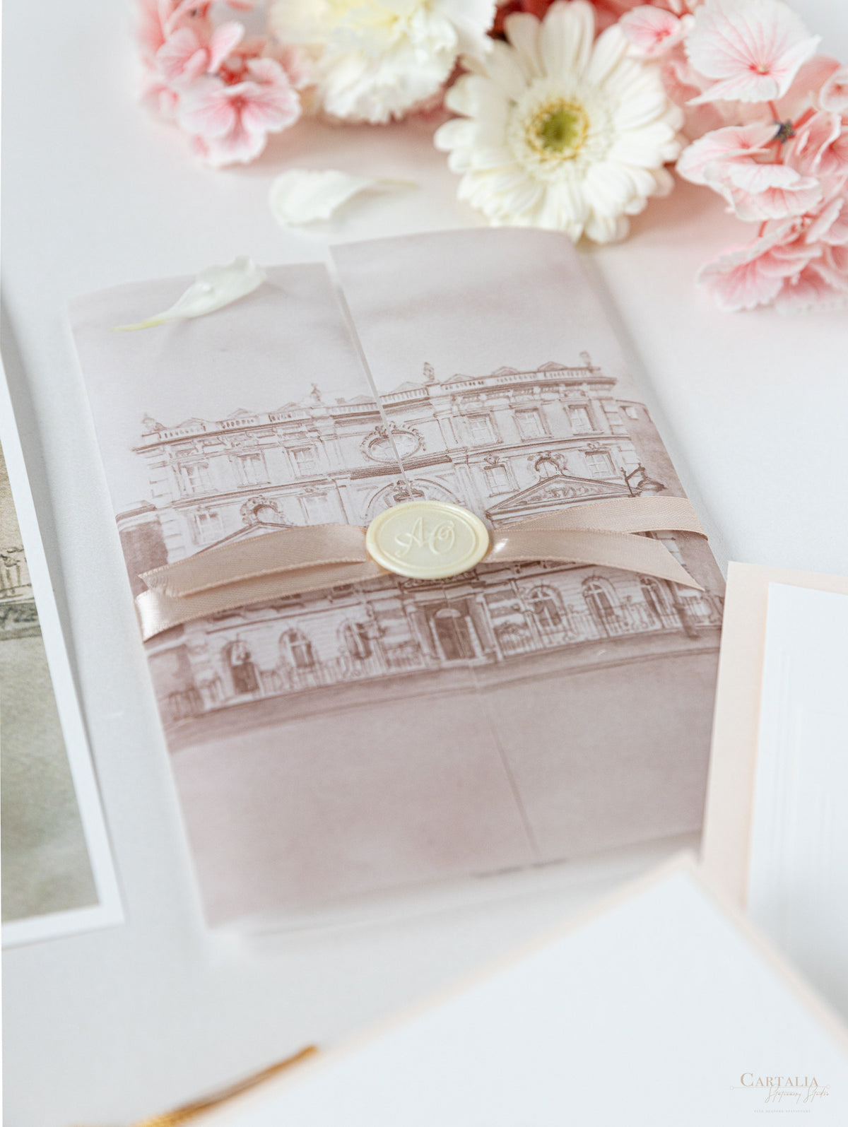 Vellum Wrap Pocket Invitation Suite with Embossing & Custom Wax Seal | Venue Dartmouth House | Bespoke Commission A&O