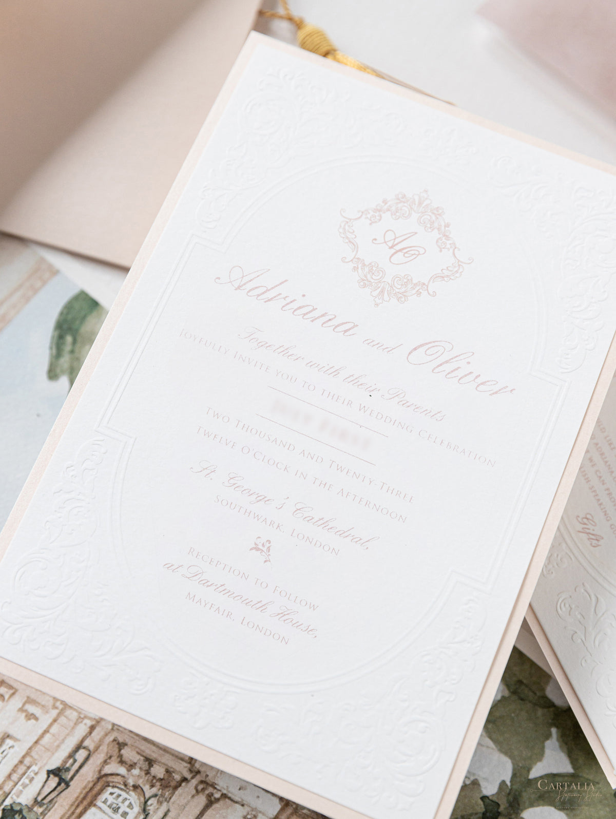 Vellum Wrap Pocket Invitation Suite with Embossing & Custom Wax Seal | Venue Dartmouth House | Bespoke Commission A&O