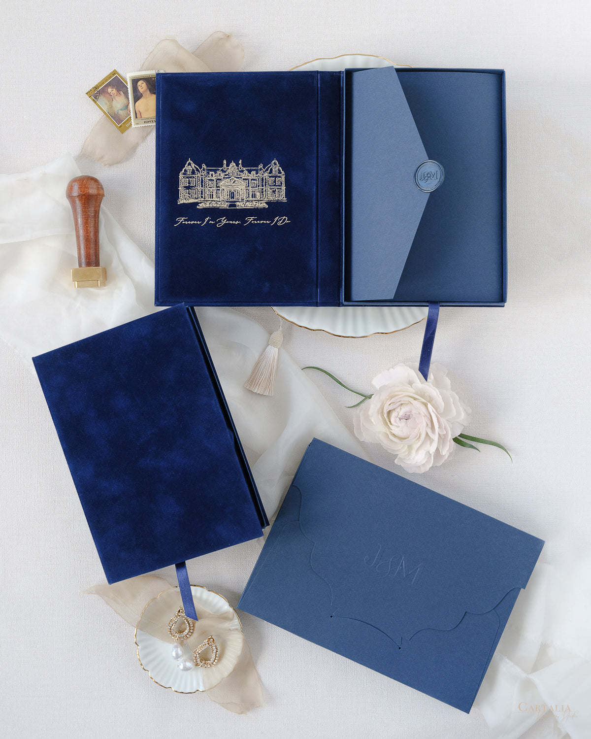 Luxury Velvet Hard Back Book & Box Pocket Invitation in Navy with Gold Foil Venue | Bespoke Commission J&M