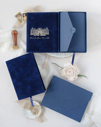 Luxury Velvet Hard Back Book & Box Pocket Invitation in Navy with Gold Foil Venue | Bespoke Commission J&M