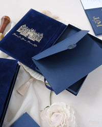 Luxury Velvet Hard Back Book & Box Pocket Invitation in Navy with Gold Foil Venue | Bespoke Commission J&M