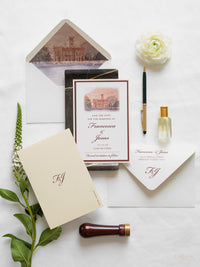 Invitación personalizada al lugar de la boda en acuarela con lámina dorada | Villa Regina Teodolinda | Lago Como