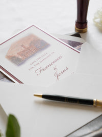 Invitación personalizada al lugar de la boda en acuarela con lámina dorada | Villa Regina Teodolinda | Lago Como