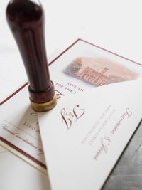 Invitación personalizada al lugar de la boda en acuarela con lámina dorada | Villa Regina Teodolinda | Lago Como