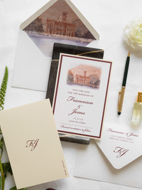 Invitación personalizada al lugar de la boda en acuarela con lámina dorada | Villa Regina Teodolinda | Lago Como