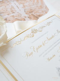 Suite plegable de bolsillo de invitación de lámina dorada de lujo para el día de la boda, confirmación de asistencia, tarjeta de información con bolsillo cortado con láser, guión de caligrafía