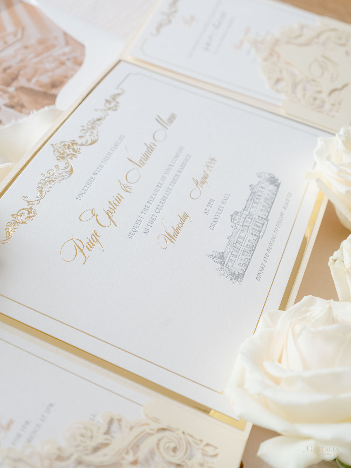 Suite plegable de bolsillo de invitación de lámina dorada de lujo para el día de la boda, confirmación de asistencia, tarjeta de información con bolsillo cortado con láser, guión de caligrafía