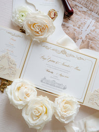 Suite plegable de bolsillo de invitación de lámina dorada de lujo para el día de la boda, confirmación de asistencia, tarjeta de información con bolsillo cortado con láser, guión de caligrafía