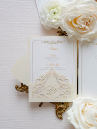 Suite plegable de bolsillo de invitación de lámina dorada de lujo para el día de la boda, confirmación de asistencia, tarjeta de información con bolsillo cortado con láser, guión de caligrafía