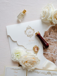 Suite plegable de bolsillo de invitación de lámina dorada de lujo para el día de la boda, confirmación de asistencia, tarjeta de información con bolsillo cortado con láser, guión de caligrafía