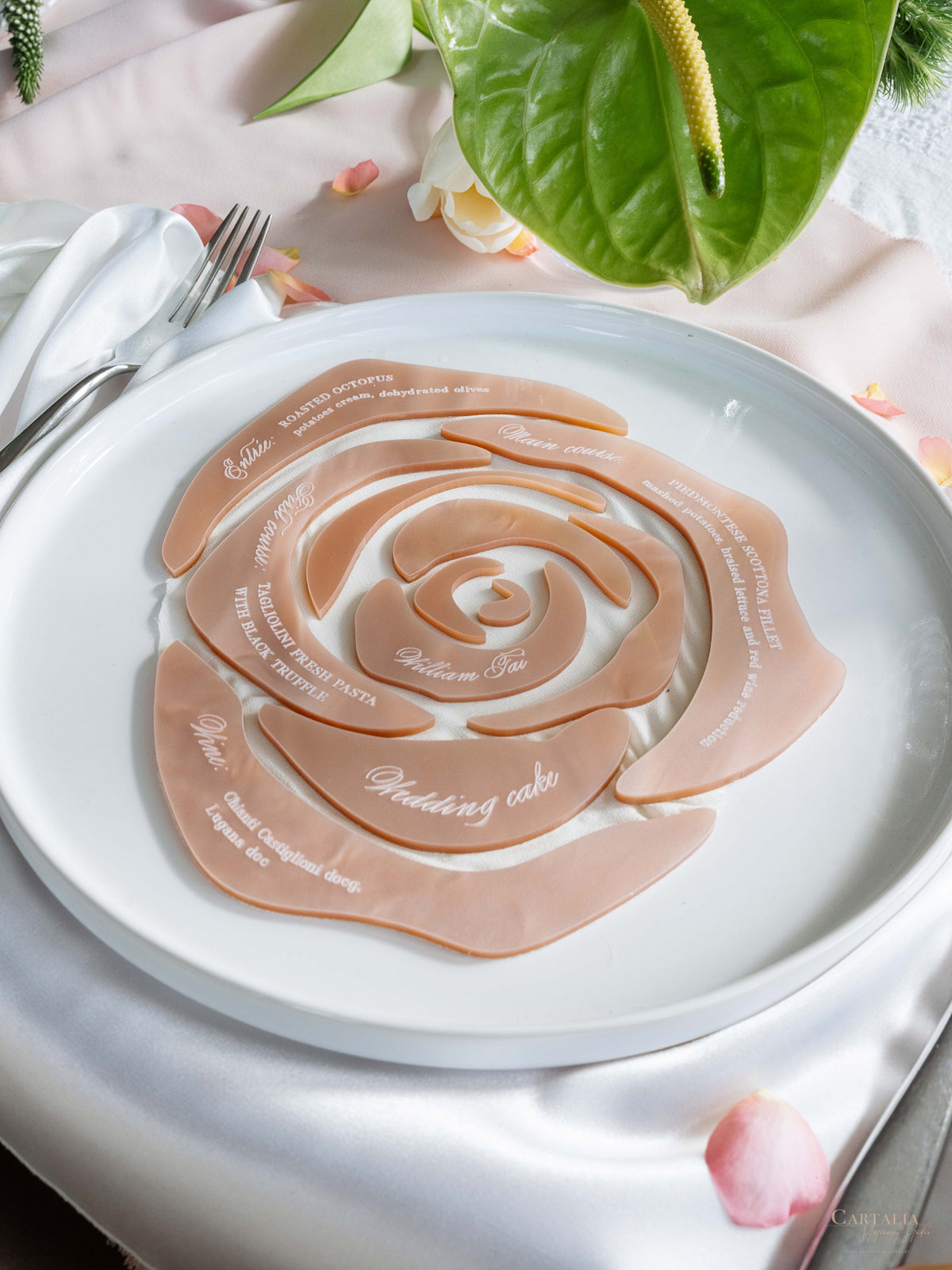 Bespoke Rose Blush Pearl Mass Menu in shape of a rose made with 100% Silk