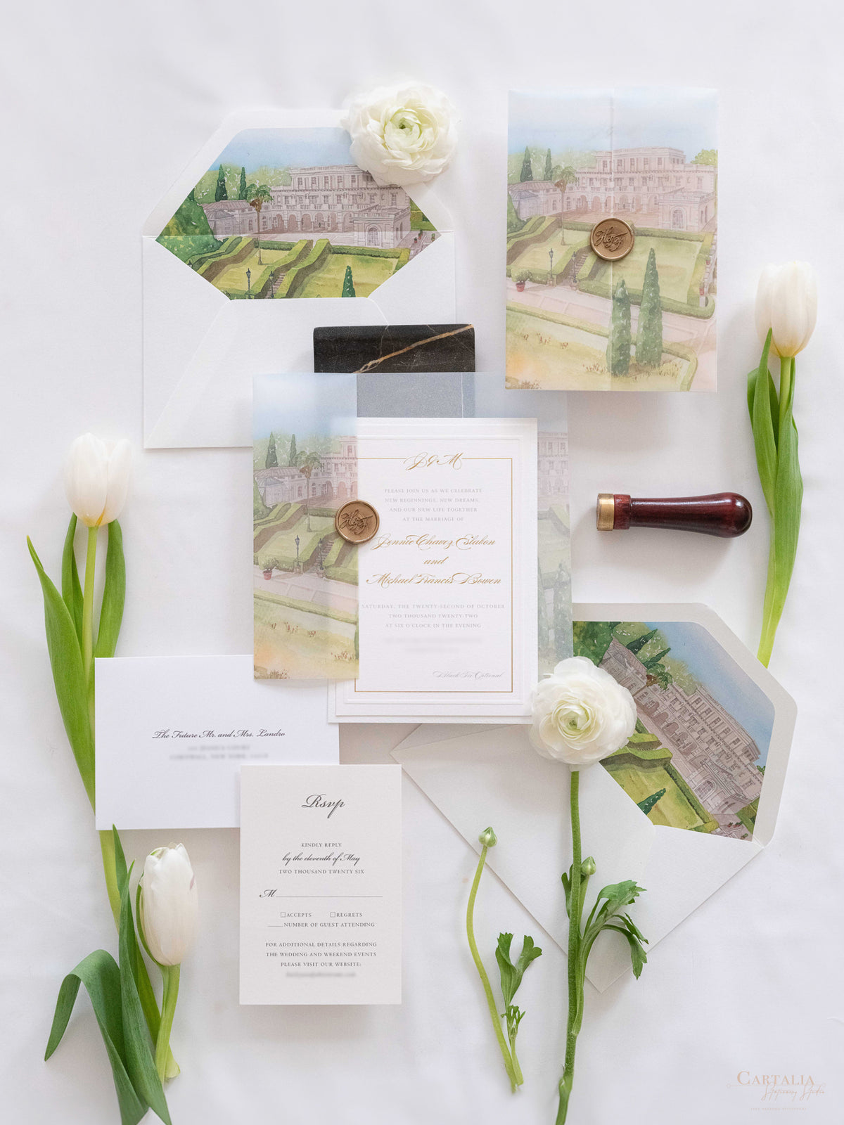 Watercolour Vellum Wrap Villa Miani Invitation with Gold Foil and Wax Seal | Bespoke Comission for I&B